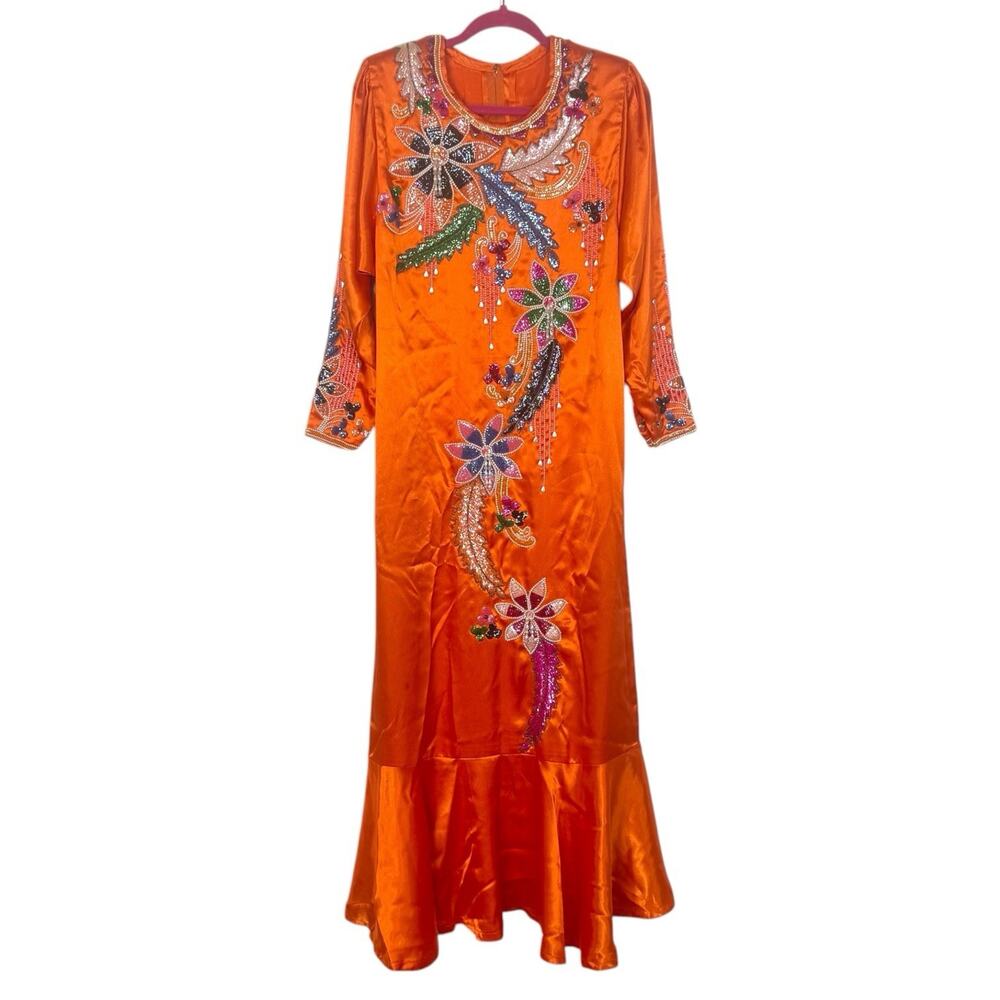 Vintage Long Sleeve Beaded Sequined Satin Maxi Dress Orange Women's M
